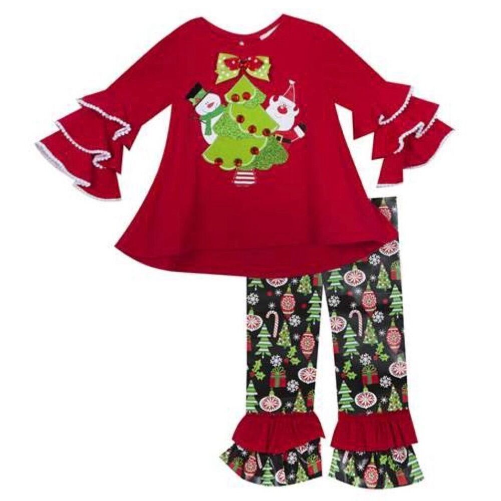 Rare Editions Girls Santa & Frosty w/ Tree 2-pc Ruffle Top & Leggings Set 4T NWT